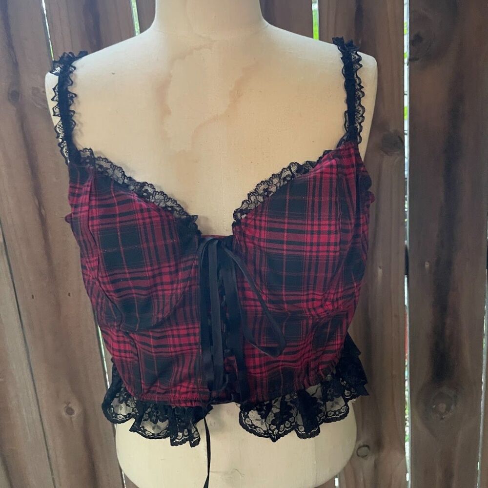 DOLLS KILL WIDOW Plaid Corset BUSTIER TOP Lace Trim 1X NWOT